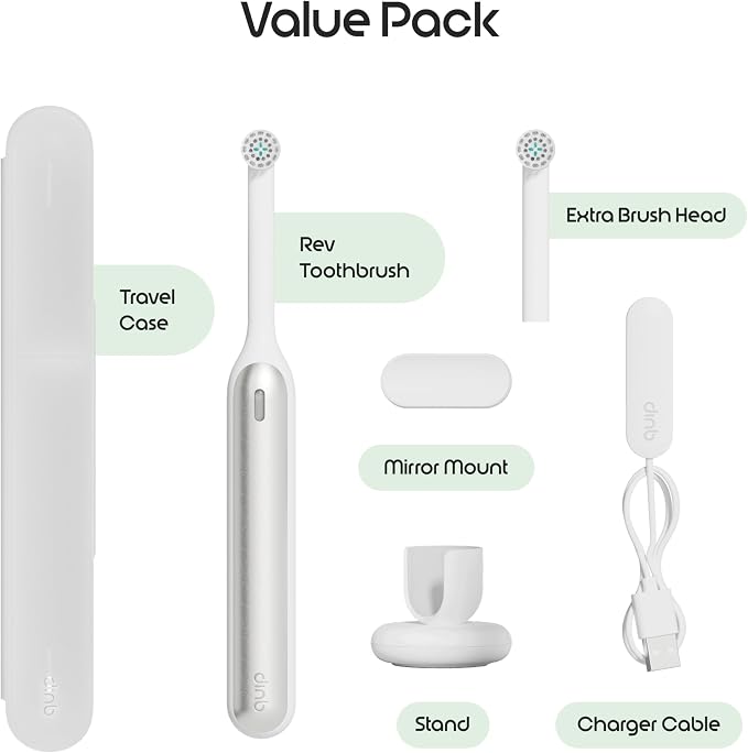 Quip Rev Oscillating Rechargeable Electric Toothbrush with Extra Brush Head - Soft Bristles, Pressure Sensor, 3 Intensities, 30-Day Battery Life, 2-Min Timer, Travel Case, Mirror Mount - Silver Cloud