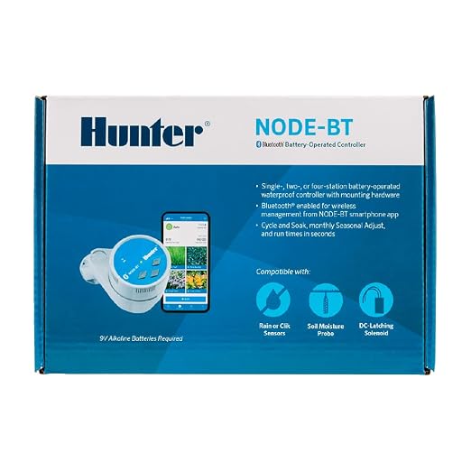 Hunter NODE-BT-100 Bluetooth Battery Operated Sprinkler Controller with Solenoid, Waterproof Irrigation Timer, Easy Install, for Gardens, Lawns, Parks, Greenhouses