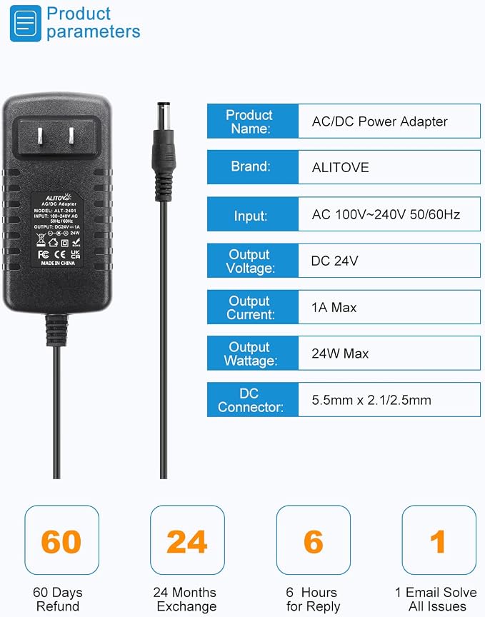 ALITOVE 24 Volt Power Supply DC 1A 24W AC Adapter 24V Transformer Power Cord 1000mA 800mA 650mA 500mA with 5.5mm x 2.5mm 2.1mm Tip for LED Lights CCTV Camera DC Motor Water Pump (5 Pack)