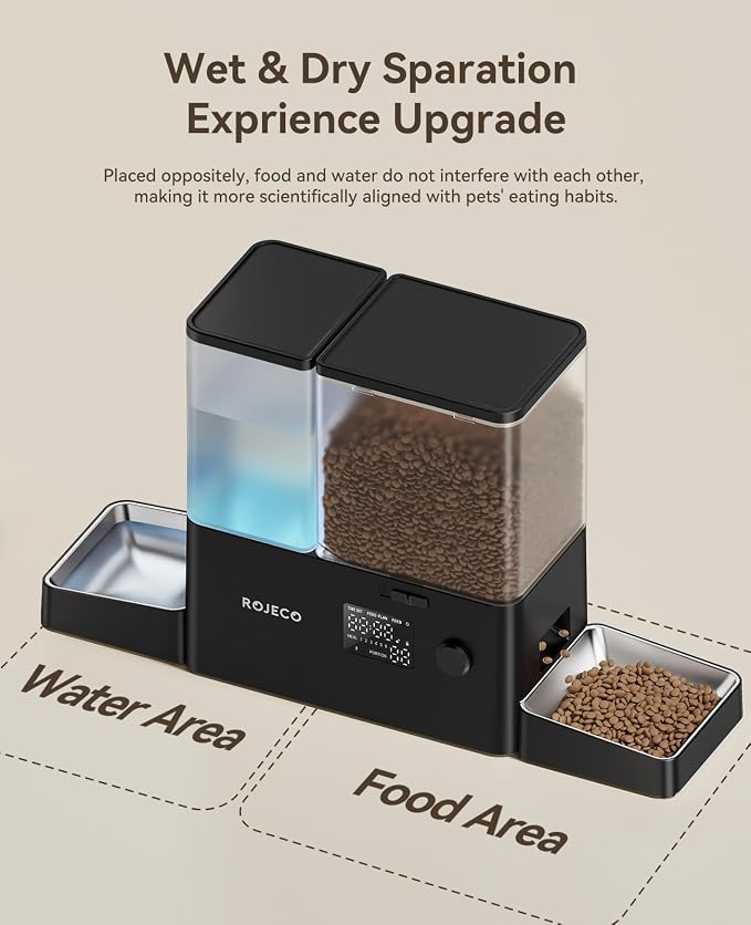 Rojeco 36Cups/8.5L Pet Automatic Cat Feeder and Gravity Water Dispenser,Stainless Steel Bowls 2-in-1 Set Large Capacity 5L Food Feeder and 3.5L Water Fountain for Cats,Pets,Small Dogs,Black