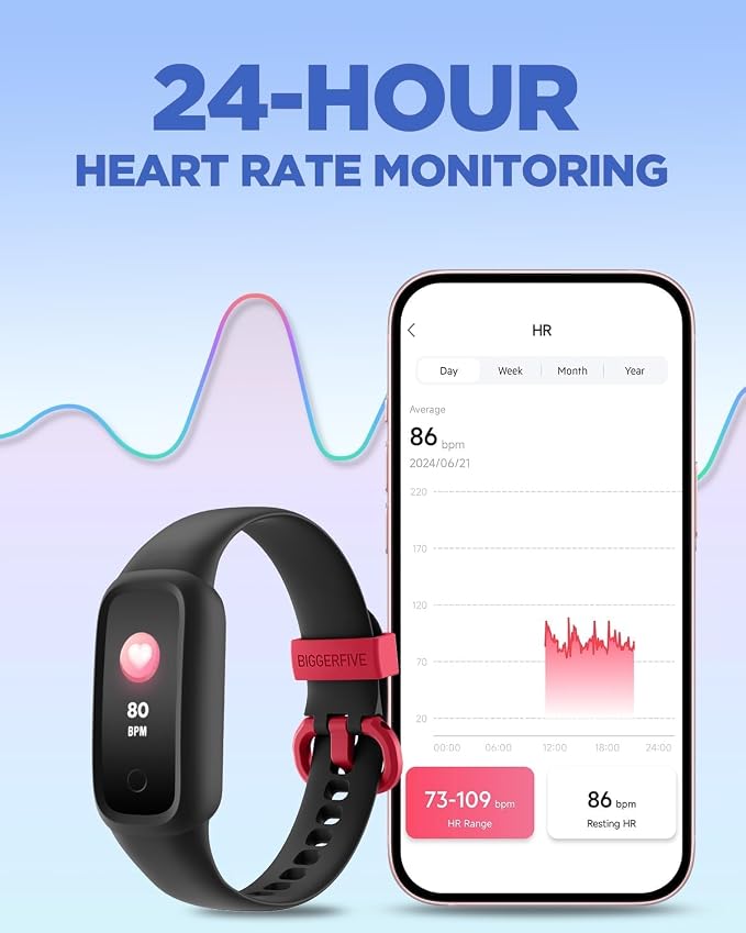 BIGGERFIVE Vigor 2 L Kids Fitness Tracker Watch for Boys Girls Ages 5-15, Activity Tracker, Heart Rate Sleep Monitor, IP68 Waterproof, Pedometer, Calorie Step Counter Watch, Black