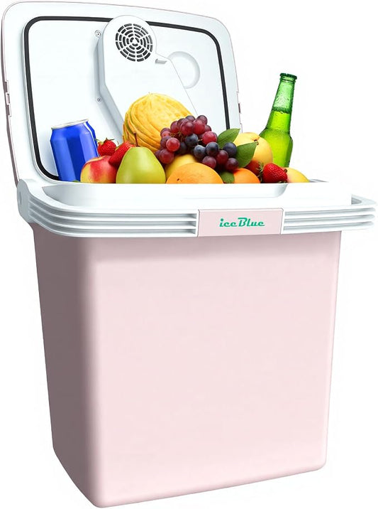 Iceblue Electric Cooler, 26 Liters/28 Cans Mini Fridge with Automatic Locking Handle, 120V AC Home Power Cord & 12V Car Adapter Car Refrigerator, Car Fridge for Home, Car, Gift (Pink)