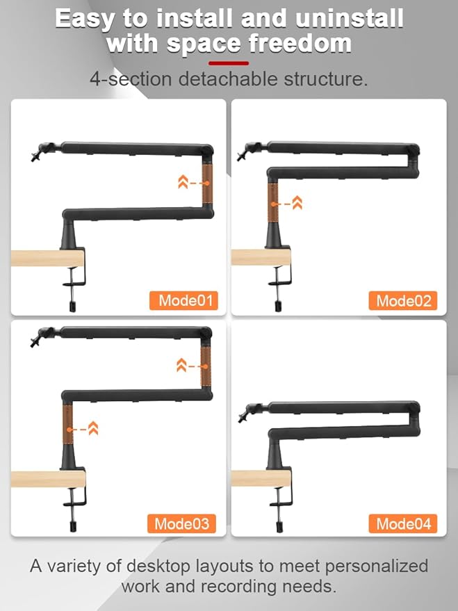 Low Profile Mic Arm Stand,Adjustable Desk Clamp Mic Boom Arm with 360°Swivel and Detachable Rise Column，Built-In Cable Management,with Mic Clip 3/8" to 5/8",For Podcasting and Streaming