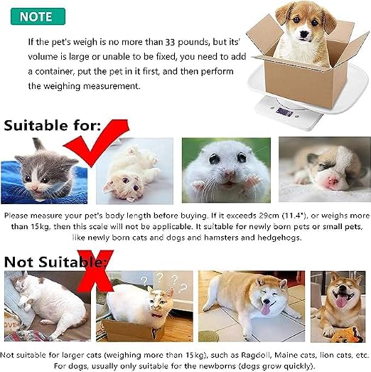 Digital Pet Scale, Small Animal Scale with Tape Measure, Kitchen Food Scale, Weighing Max 33lbs, Size 12"x8", LCE Electronic Weight Scale Only for Newborn Kitten, Puppy, Hamster, Little Bird (White)