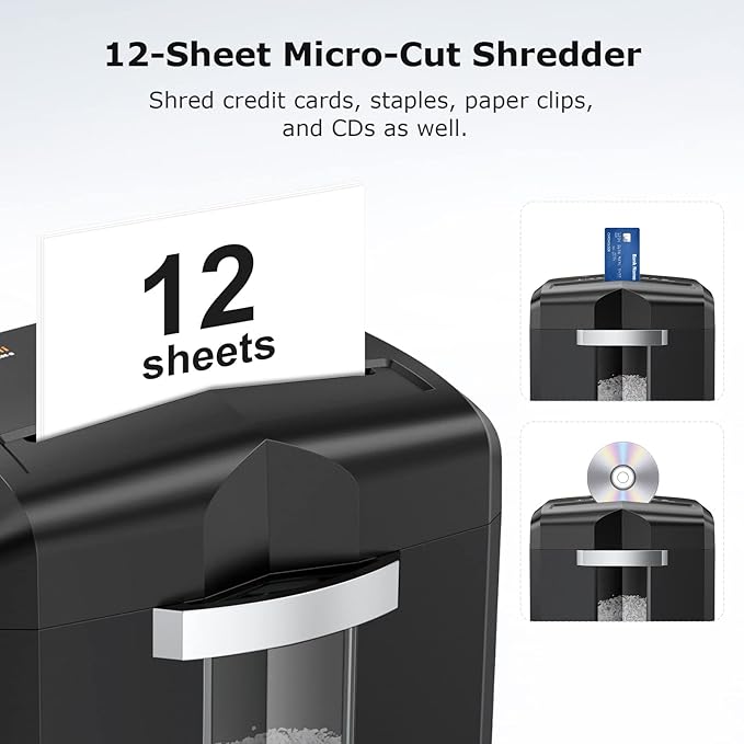 Bonsaii 12-Sheet Micro Cut Shredders for Home Office, P-4 Security Level Paper Shredder for CD, Credit Card, Mails, Staple, Clip, with Jam-Proof System & 4.2 Gal Pullout Bin C266-B