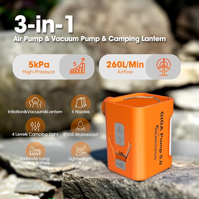 Aerogogo Pump 5.0 Portable air Pump with 3600mAH Battery 5kPa Air Pump for Inflatables Rechargeable Pump, Orange