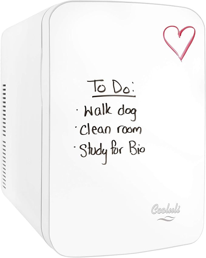 Cooluli Vibe Mini Fridge for Bedroom - With Cool Front Magnetic Whiteboard - 15L Portable Small Refrigerator for Travel, Car & Office Desk - Plug In Cooler & Warmer for Food, Drinks & Skincare (White)