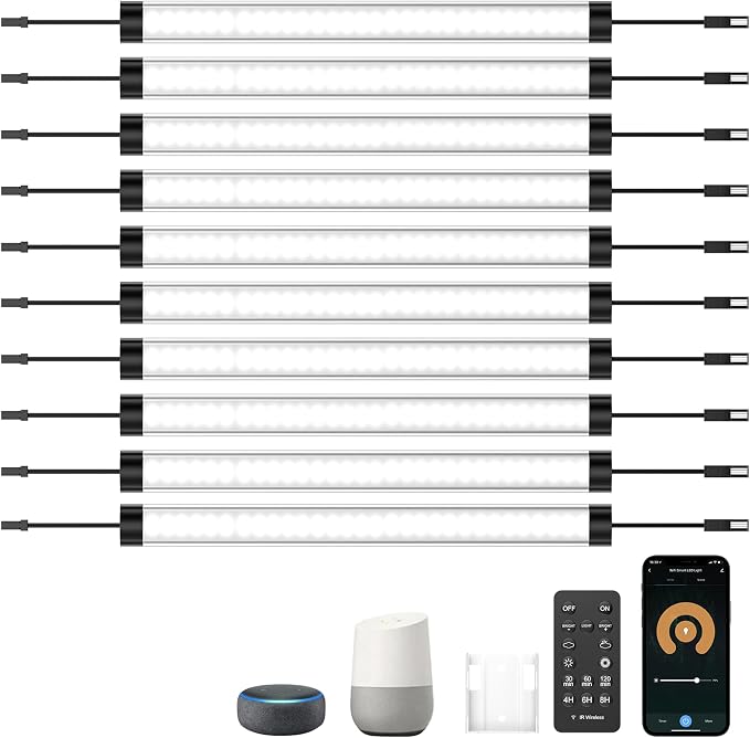 LABOREDUCER Under Cabinet Lights Plug in 10 Pack,11inch Ultra Thin LED Dimmable Closet Lights with Remote and Alexa Google APP,Under Counter Lights for Kitchen,Cabinet,Workbench (10Pack Cold White)