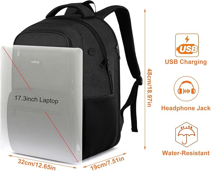 kadilong 17.3 Inch Laptop Backpack Insulated Cooler Backpack with Lunch Box,Lunch Bookbag for Men Teens Boys School Work Picnic College Travel,Computer Bag Meal Prep with USB Charging Port,Black