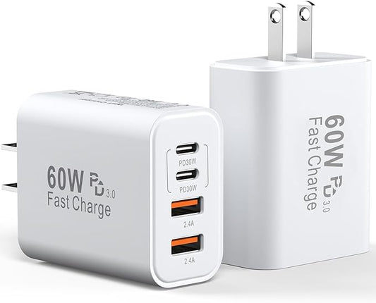 USB C Charger Block, 2Pack 60W 4 Ports Type C Fast Phone Charging Cubes PD USBC Wall Plug+QC 3.0 USB A Charger Head Power Brick Box for iPhone 16/15/14/13/12/11 Pro Max, Samsung Galaxy, Pixel