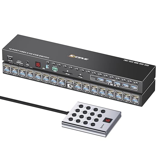 16 Ports KVM Switch HDMI 4K@60Hz EDID Simulation,1U Rack Mount KVM Switch for 16 Computers, with 6 USB3.0 Port for USB Peripherals,TF/SD,Audio,RS232, Wired Remote & 12V Power + 16 USB Cable Included