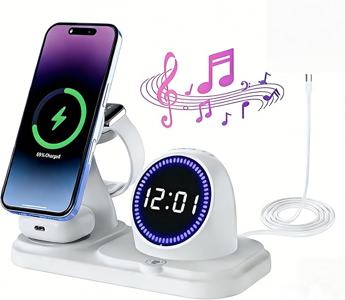 6 -in -1 Wireless Charger Charging Station : Compatibility for iPhone 17 16 15 14 Pro Max Apple Watch, Charger Stand for Apple Devices, with Wireless Speaker and Digital Clock Ambient Lights (White)