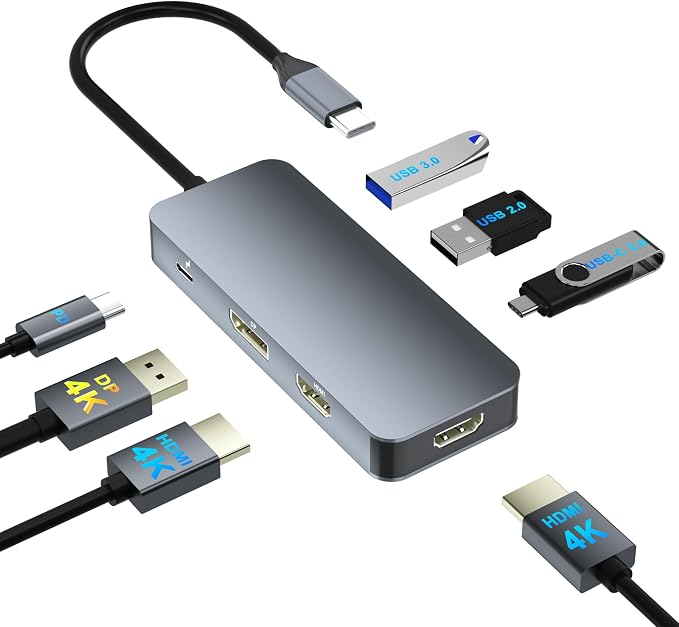Docking Station Dual Monitor for Dell/HP/Mac, 7 in 1 Laptop Docking Station 3 Monitors with 2 HDMI 4K@60Hz/Displayport/3 USB/100W PD, Dual Monitor Adapter, Dual HDMI Adapter for 2 Monitors, USB C Hub