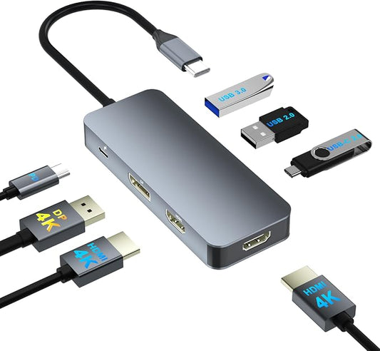 Docking Station Dual Monitor for Dell/HP/Mac, 7 in 1 Laptop Docking Station 3 Monitors with 2 HDMI 4K@60Hz/Displayport/3 USB/100W PD, Dual Monitor Adapter, Dual HDMI Adapter for 2 Monitors, USB C Hub