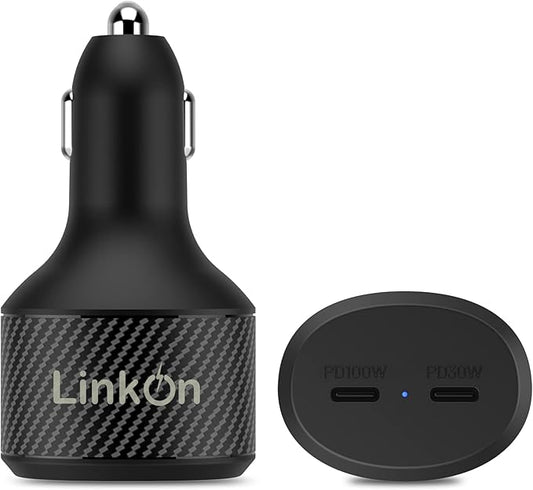 LinkOn 130W USB C Car Charger PD3.0 (100W) PPS + 30W PD – Dual USB-C Port Fast Charger for Laptop, Phone, or Tablet Compatible with MacBook, Dell XPS, HP, iPhone 15/16, Galaxy S23/S24, Pixel, and more