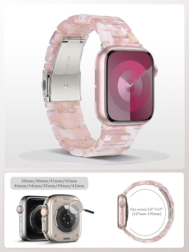 V-MORO Resin Bands Compatible with Apple Watch Series 11/10/9/8/7 41mm/42mm Fashion Dressy Lightweight Strap with Starlight Buckle for iwatch Series SE/6/5/4/3/2/1/SE3(Floral Pink,42mm/41mm/40mm/38mm)