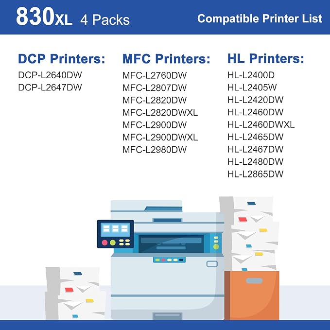 TN830XL Black Toner Cartridge Ink for HL-L2460DW Printer Replacement for Brother TN830 XL TN830 TN-830 Toner Set for DCP-L2640DW HL-L2460DWXL HL-L2405W MFC-L2820DW MFC-L2820DWXL, 4PK (with Chip)