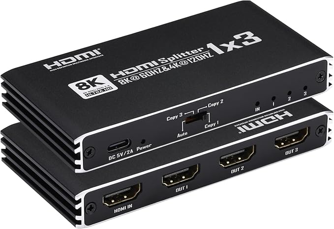 8K@60Hz HDMI Splitter 1 in 3 Out, 1x3 HDMI 2.1 Splitter Support 4K@120Hz, 1080P@240Hz VRR HDCP2.3 HDR HDR10 48Gbps EDID Dolby Atmos 7.1ch, Only Duplicate/Mirror Screens Not Extend