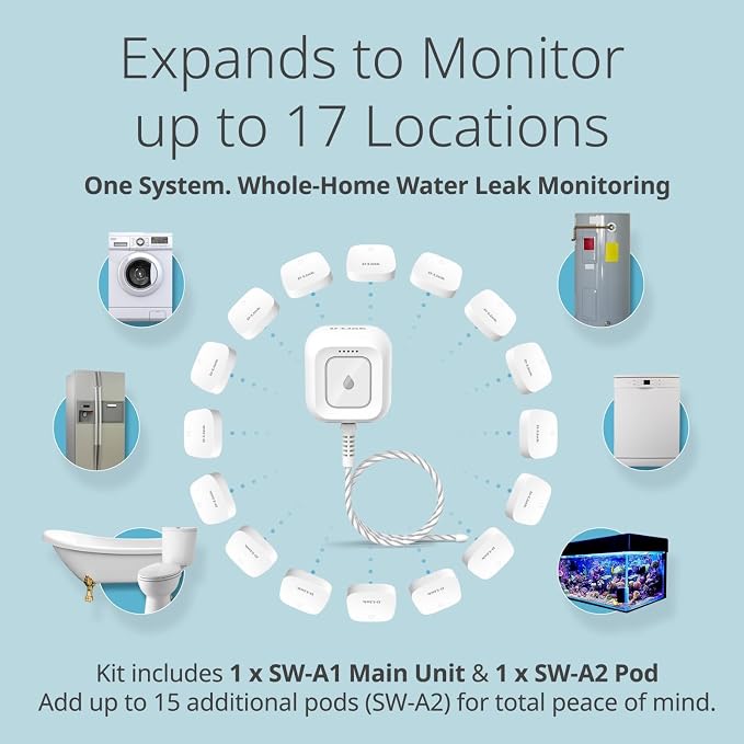 D-Link Next-Gen WiFi Water Leak Detector Starter Kit with 2 sensors—Loud 100 dB Sound Alarm—App Alert—LED Strobe Light—No Hub Required—Works with Google—1000ft Ultra-Long Range—Expandable (SW-A11KT)