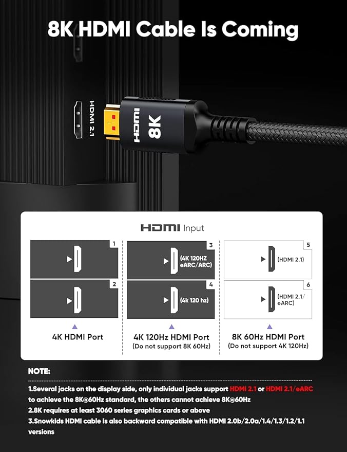 Snowkids 8K HDMI Fiber Optic Cable Long 2.1 200FT/60M, Unidirectional 48Gbps High Speed 8K60 4K Braided HDMI Cord eARC HDR10 2.2&2.3 Compatible for TV/Monitor/PS-5/X-box/Sound System & More