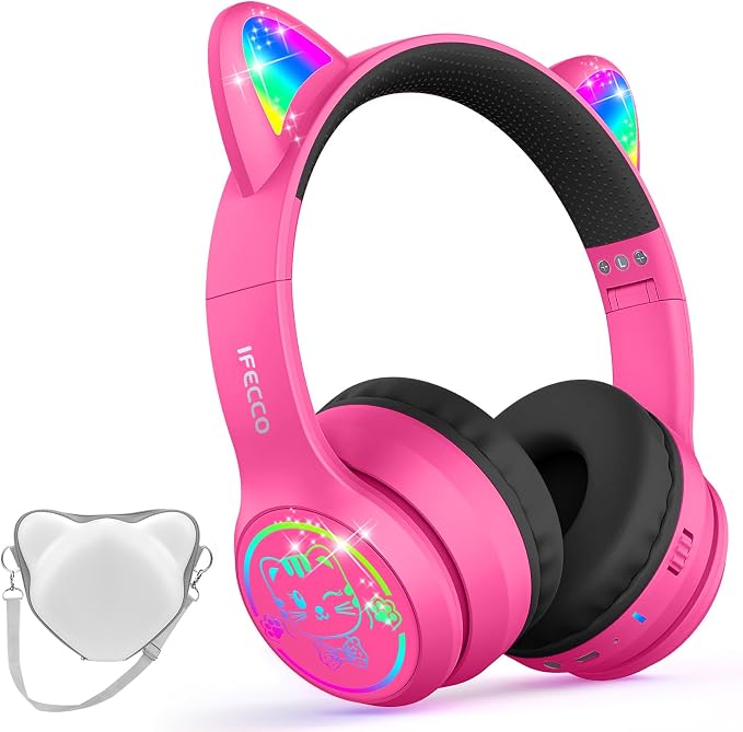IFECCO Kids Wireless Headphones with Case - Cute LED Light Up Cat Ear,50H Playtime,Safe Volume Limited,Bluetooth 6.0 Kids Girls Headphones for School iPad Tablet Gifts