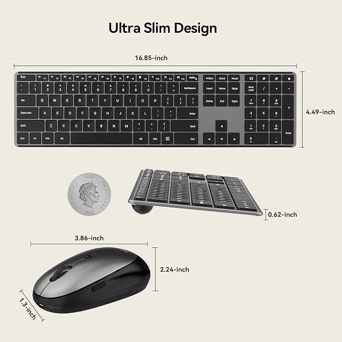 AUSDOM Wireless Keyboard and Mouse Combo, Cordless Quiet Keyboard Mouse Set, Rechargeable Slim Silent Full Size Keyboard with 3 DPI Adjustable Mouse, Ultra-Thin for Windows, Laptop, Black Gray