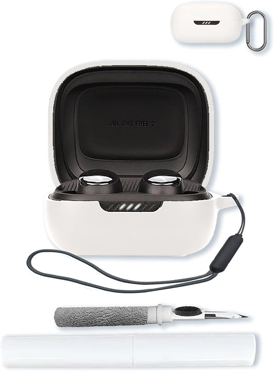 Case for JBL Live Pro 2 - True Wireless Noise Cancelling Earbuds,Soft Protective,Shockproof, BOVUGAC Silicone Case Cover with Keychain & Cleaning Kit & Lanyard-White