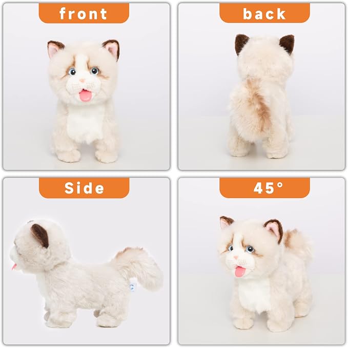 CU-MATE Electronic Stuffed Walking Cats, Realistic Interactive Pet Toy Cat, Walking, Barking, Wagging Tail & Talking, Present Gifts for 3+ Year (Ragdoll Cat)