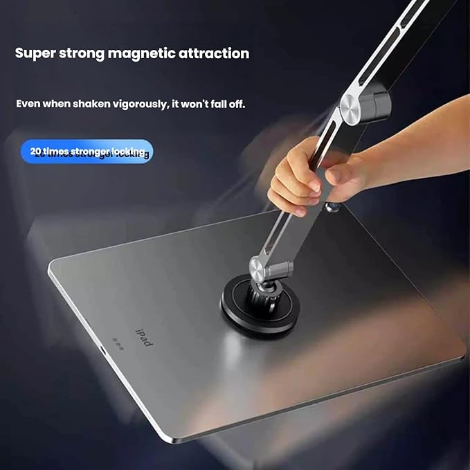 2-in-1 Tablet Stand for Desk, with Clamp & Magnetic Ring Head, Aluminum Foldable Holder Arm with 360°Rotatable Adjustable Base, Clamp Mount for 4"-12.9" Tablets, Phones Devices