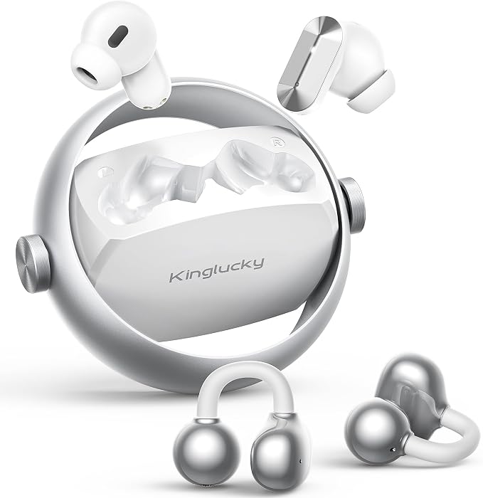 Kinglucky 2-in-1 Wireless Earbuds, in-Ear & Open Ear Clip-On Earbuds Comfortable fit, Bluetooth Headphones 5.4 with Noise Cancelling Mic, Power Swap Charging, Up to 50H, White