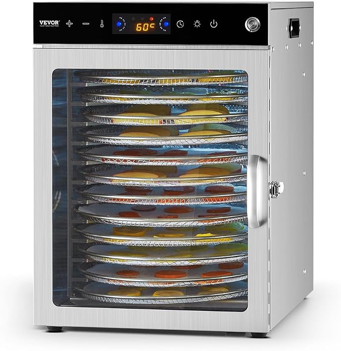VEVOR Food Dehydrator Machine, Rotary 12 Stainless Steel Trays, 800W Electric Food Dryer with Adjustable Temp & 24-Hour Timer, Food-Dehydrator for Jerky, Meat, Fruit, Vegetables, Herbs, Dog Treats
