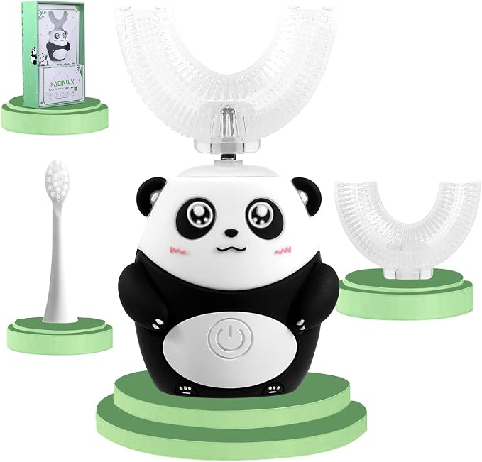 Kids U Shaped Electric Toothbrush for Age 2-12, Rechargeable Toddler Toothbrush with 60S Smart Timer, Panda Design, IPX7 Waterproof & 360°Cleaning,Develop Kids' Brushing Habits
