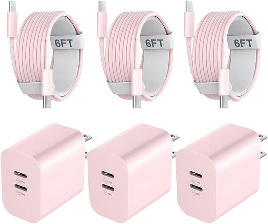 Fast Charger Block, 20W Dual Port USB C Fast Charger Block with 6FT Long USB C to C Charging Cable Cord for Phone 17 16 15 Pro Max/17 16 15 Pro/17 16 15/16 15 Plus-Pink