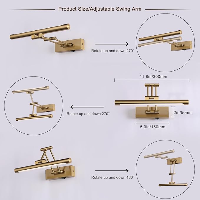 Battery Operated Picture Light with Remote,Wireless Gallery Lights Brass 12in Rechargeable Display Light with Flexible Swing Arm,Dimmable Wall Sconce for Artwork on Wall