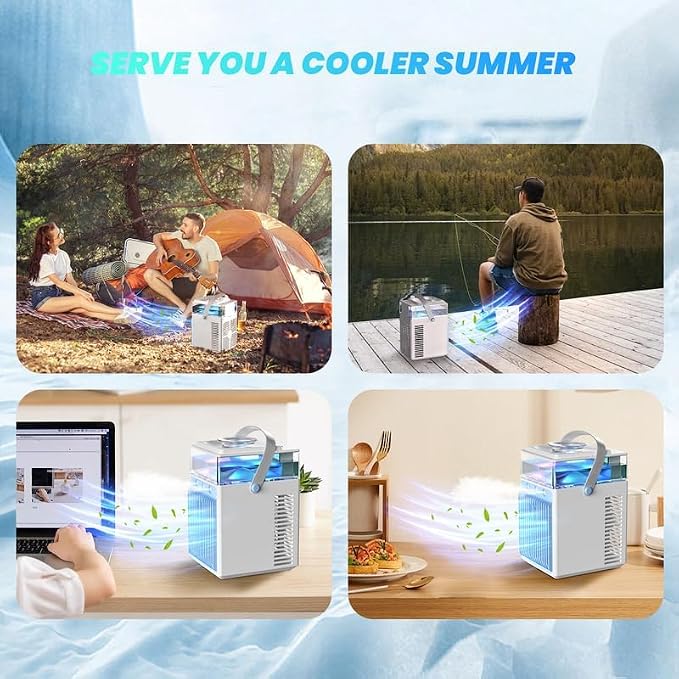 Portable Air Conditioner Fan, Rechargeable 5-IN-1 Personal Mini Cooler Humidifier, 3-Speed Evaporative Air Cooler with 7 Color Lights, Cordless AC Desktop Spray Fan, Quiet Desktop (White)
