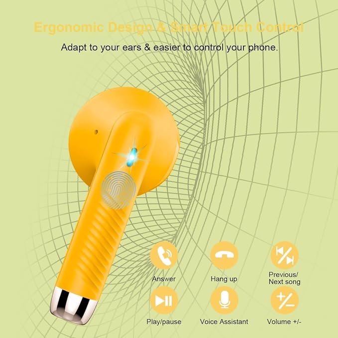 Wireless Earbuds, Bluetooth 5.4 Earbuds Stereo Bass, Bluetooth Headphones in Ear Noise Cancelling Mic, Earphones IP7 Waterproof Sports, 32H Playtime USB C Charging Case Yellow Ear Buds for Android iOS