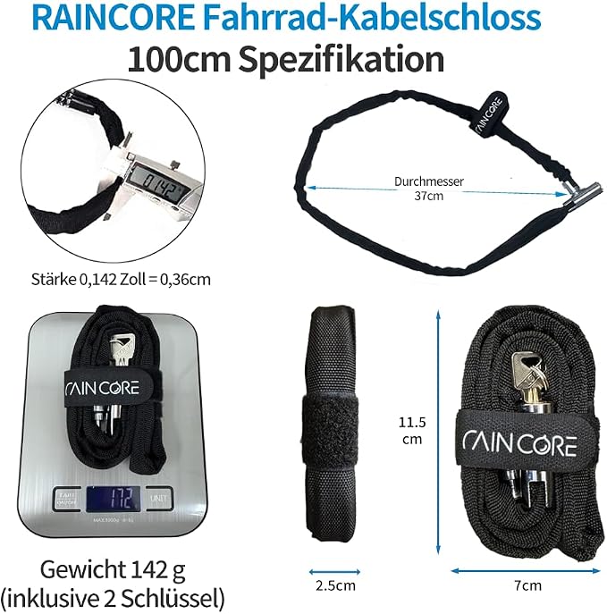 RAINCORE Keyed Bike Cable Lock – Lightweight Cut-Resistant Composite Fiber Security Cable – Anti-Theft Heavy Duty Bicycle Lock – 39inch (100cm), 0.38lb – Patented in Korea (39 inch)
