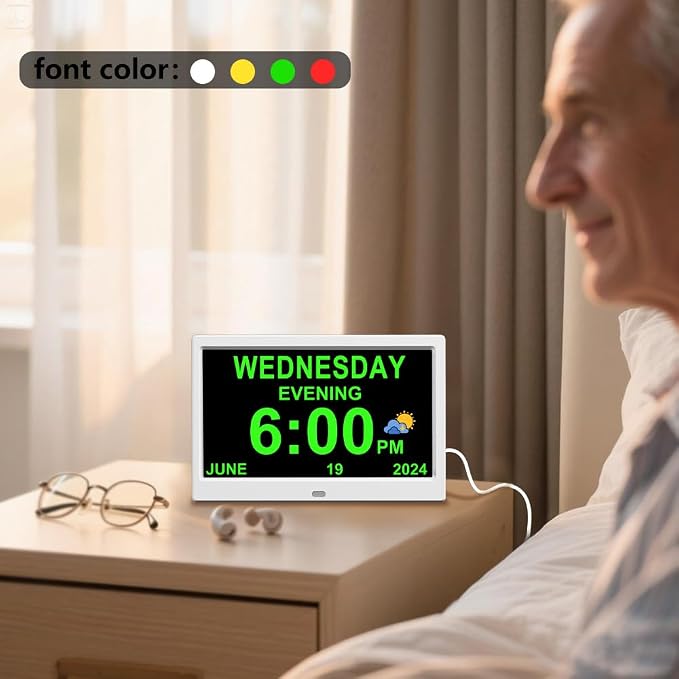 AINFTIME DST Clock with Day and Date for Elderly-3 Display Digital Calendar Alarm Day Dementia Alzheimers Clock with Extra Large Display (10.1 Inch White)