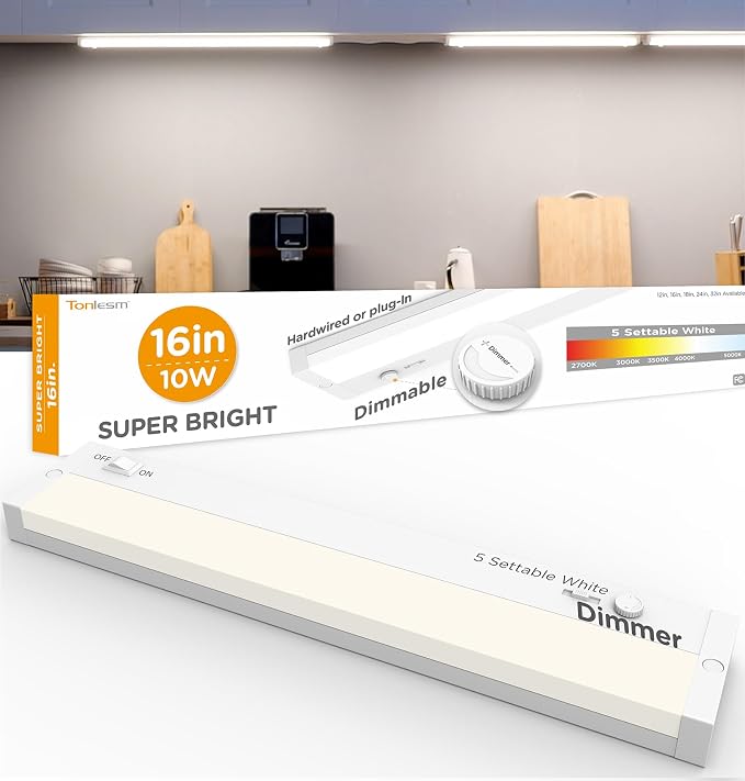 LED Under Cabinet Lighting Hardwired Or Plug in, Dimmable with Dimmer,16 Inch 10W 1000LM Super Bright,120V 5CCT 2700/3000/3500/4000/5000K, Linkable Cabinet Light,Counter Lights for Kitchen