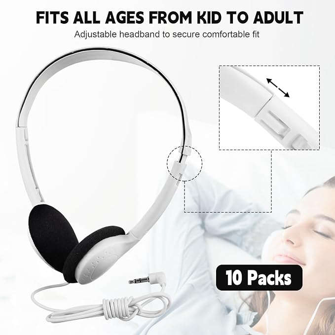 Konohan 10 Pack Headphones Bulk Headphone for School Classroom Student Wired Headphones Adjustable with 3.5 mm Jack for Adults (White)