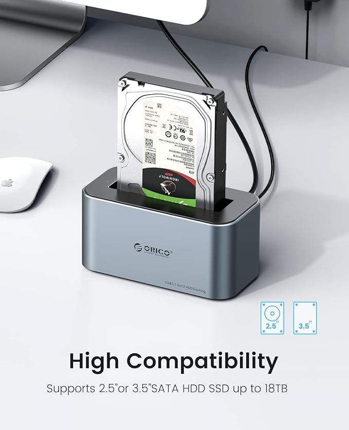 ORICO Hard Drive Docking Station Aluminum USB C to SATA 3.0 (6 Gbps) Hard Drive Enclosure for 2.5/3.5 Inch SSD HDD UASP Supported with 12V 2A Power Supply Max Up to 18TB (6616C3)