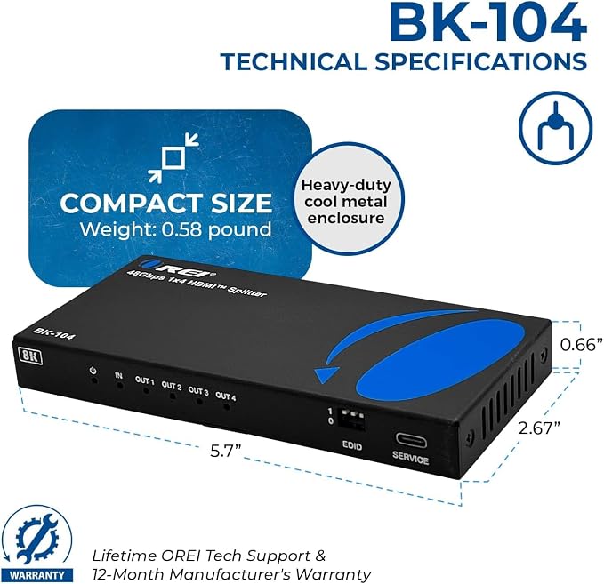 OREI 8K HDMI Splitter 1 X 4, Duplicate/Mirror Any HDMI Signal UltraHD Supports Upto 4K @ 120Hz EDID HDCP 2.3 - (BK-104)