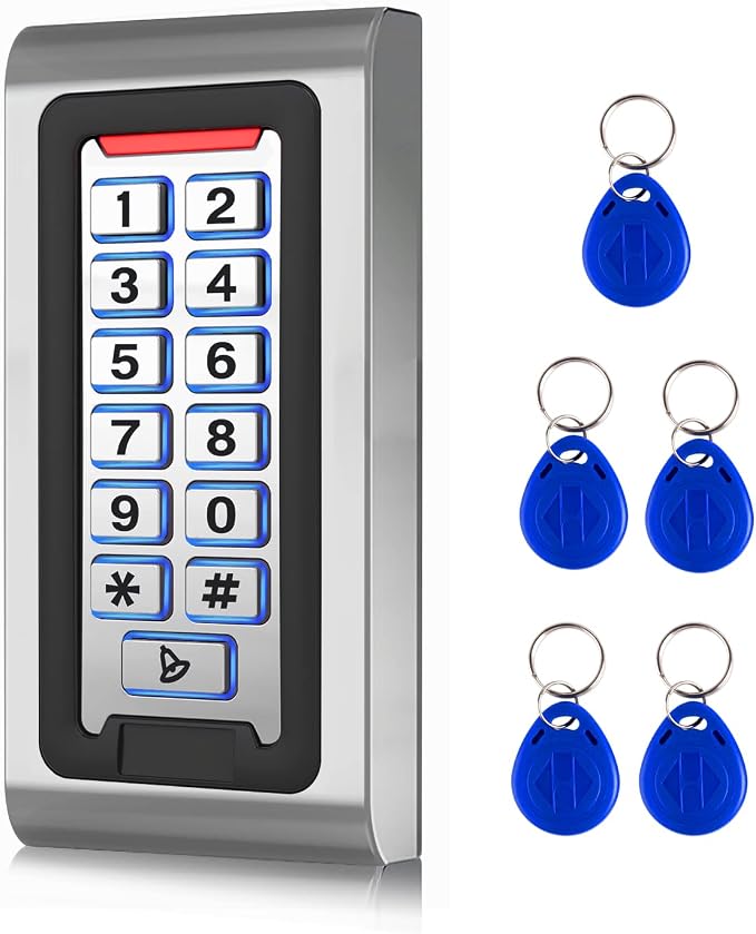 Door Access Control System Stand-Alone Password Keypad + 5PCS Proximity Keychains, Support 2000 Users Card Reader, Weatherproof, Backlight, Zinc Alloy Metal Case, for Garage Door, Gate Opener