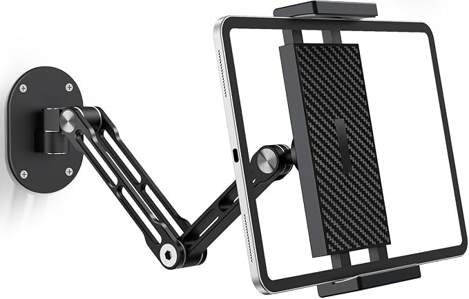 iPad Wall Mount Holder, Heavy Duty Aluminum Tablet Wall Mount, Full Motion Tilt & Swivel Base, Adjustable Foldable for Kitchen, Gym, Fits iPad Pro Air Mini, Galaxy Tab, 4.7-13" Phones & Tablets, Black