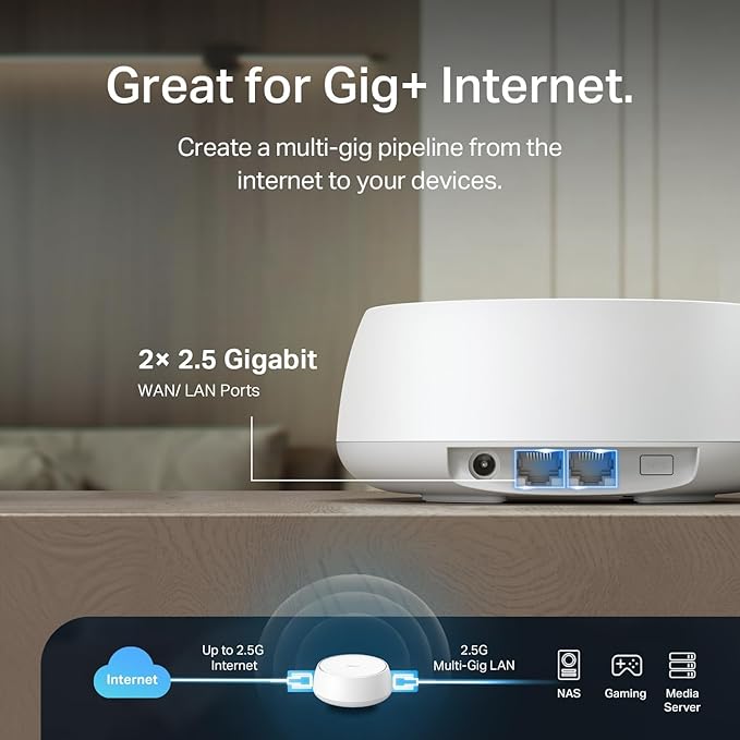 TP-Link Deco 7 BE25 Dual-Band BE5000 WiFi 7 Mesh Wi-Fi Router | 4-Stream, 240 Mhz Channels | Covers up to 2,600 Sq.Ft | 2X 2.5G Ports Wired Backhaul | VPN, MLO, HomeShield, Free Expert Help, 1-Pack
