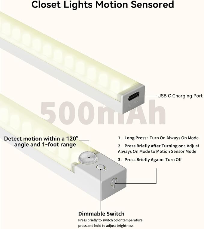 6-Pack Under Cabinet Lighting with Charging Station 8.1-Inch Rechargeable Motion Sensor Light Indoor 3 Color Dimmable Closet Light, USB Stick on LED Magnetic Under Counter Lights for Kitchen Shelf