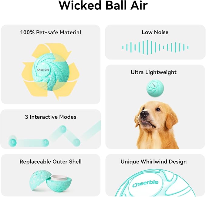 Cheerble Smart Interactive Dog Toy, Wicked Ball AIR, Automatic Moving, Bouncing, and Rotating, E-TPU Material, IPX7 Waterproof Rating, Active Rolling Ball for Puppy, Medium and Large Dogs