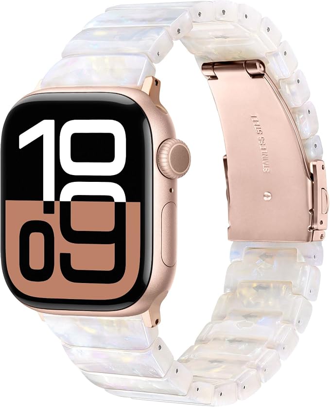 V-MORO Resin Band Compatible with Apple Watch Series 7/8/9/10 46mm/45mm/44mm/42mm Fashion Jewelry Strap for iWatch Series 6/5/4/3/2/1/SE/SE 2 Lightweight Bracelet Wristband Women(Classic Aurora White)