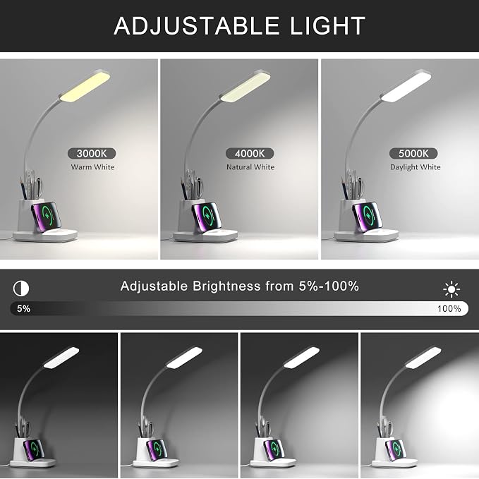 Desk Lamp with Wireless Charger - LED Desk Lamps for Home Office with Pen Holder, 800LM, 3 Color Modes, Flexible Arm, Eye-Caring White Table Lamps for Home College Dorm Room