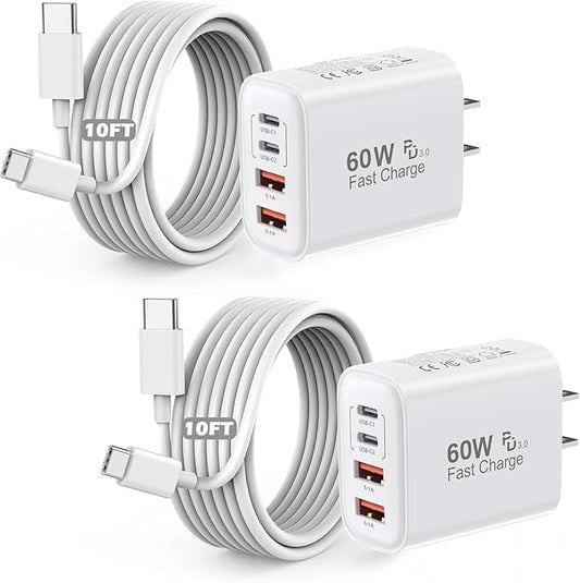 iPhone 17/16/15 Charger,2Pack 60W Multiport USB C Charging Block 4-Port Charge Adapter iPhone Charger with 10FT USB C to C Fast Charging Cable Cord for Apple iPhone17 Pro Max/17e/16e/16Pro/15Plus,iPad